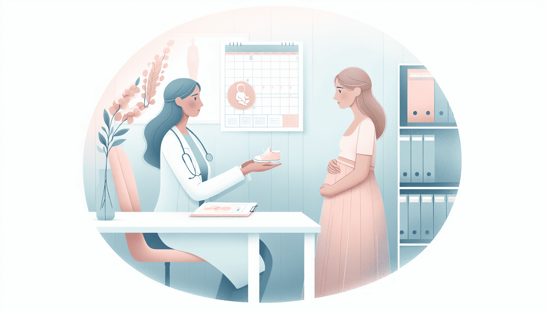 Illustration of a woman discussing postpartum care with a healthcare provider