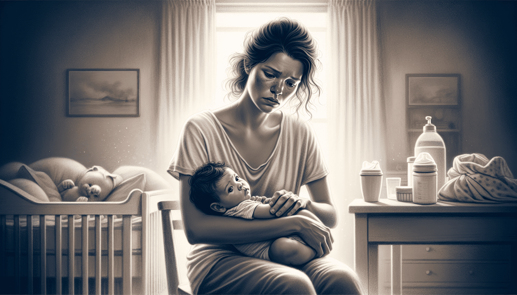 Illustration of a worried new mother holding her baby