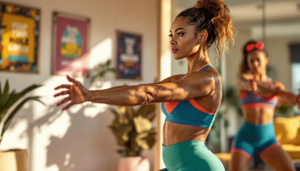 A postpartum woman engaging in a workout routine.