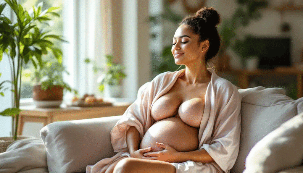 A new mom listening to her body during postpartum recovery.